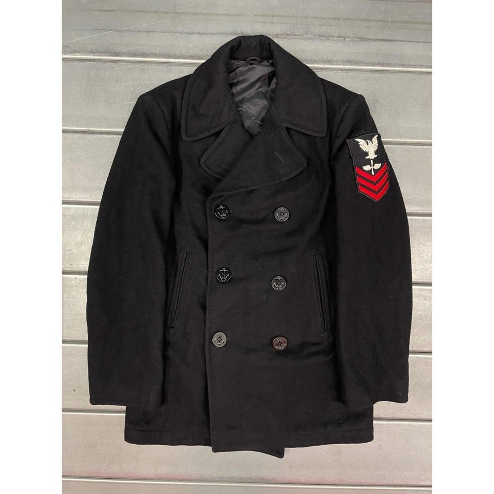 Vintage Navy Peacoat Mens 36R Black Wool Overcoat Military Vi-Mil Enlisted